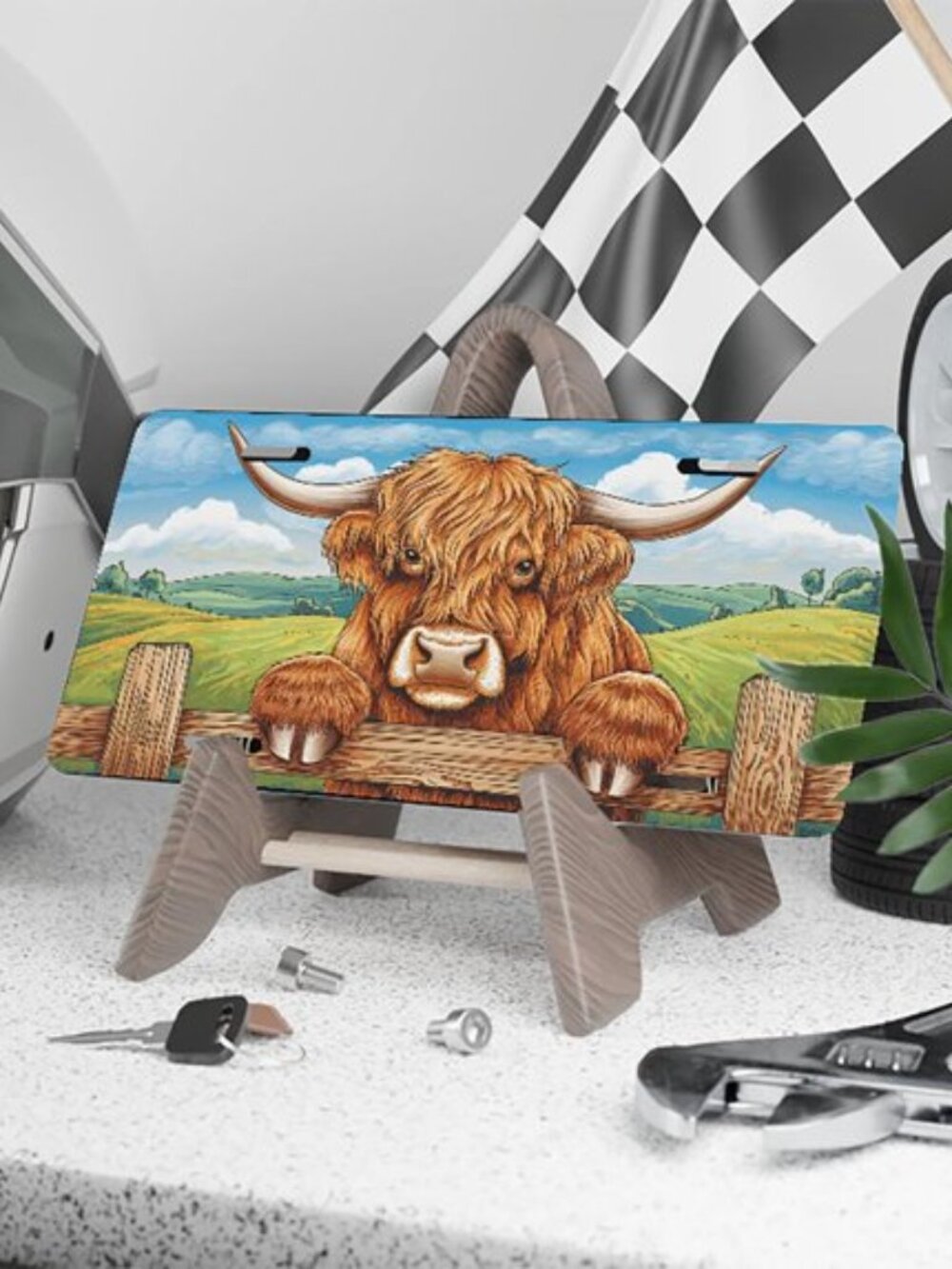 License Plate, Highland Cow Over Fence Decorative Front,Personalized Stainless S - Picture 2 of 4